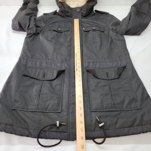 Levi's Women's Cotton Nylon Faux Fur Hooded Sherpa Parka Jacket Black Large - Picture 7 of 12